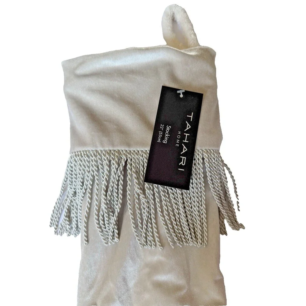Tahari Home Gray Velvet Christmas Stocking Bullion Fringe Fleece Lined 22